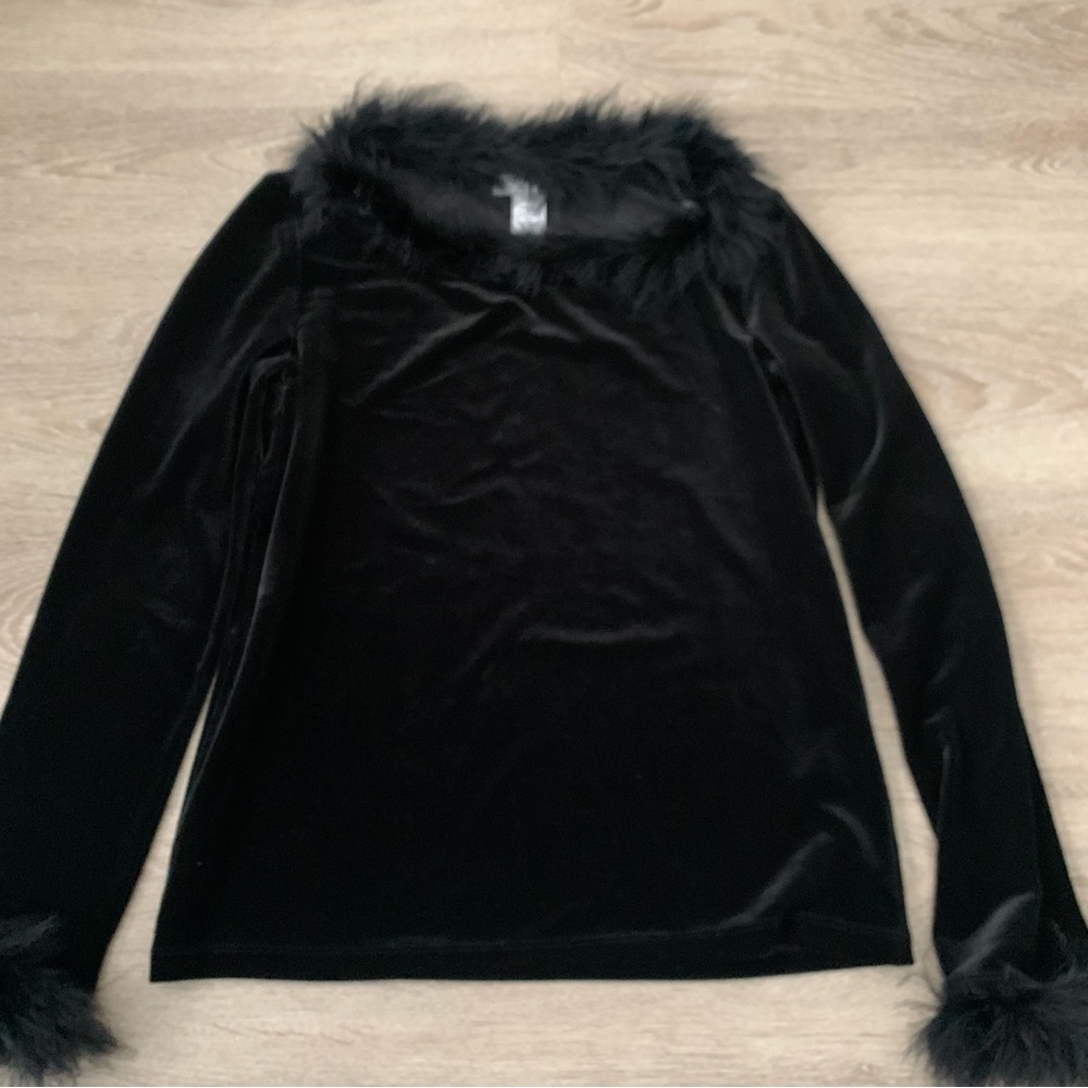 Easy Spirit Black Velvet Feather Long Sleeve Size S